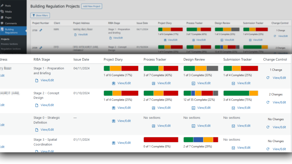 Development: BSA Building Regulations Project Management System (with custom RAG list overview)